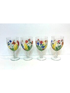 Vintage Floral Royal Danube Water Goblets Romania Set Of 4 Hand-Painted Glasses